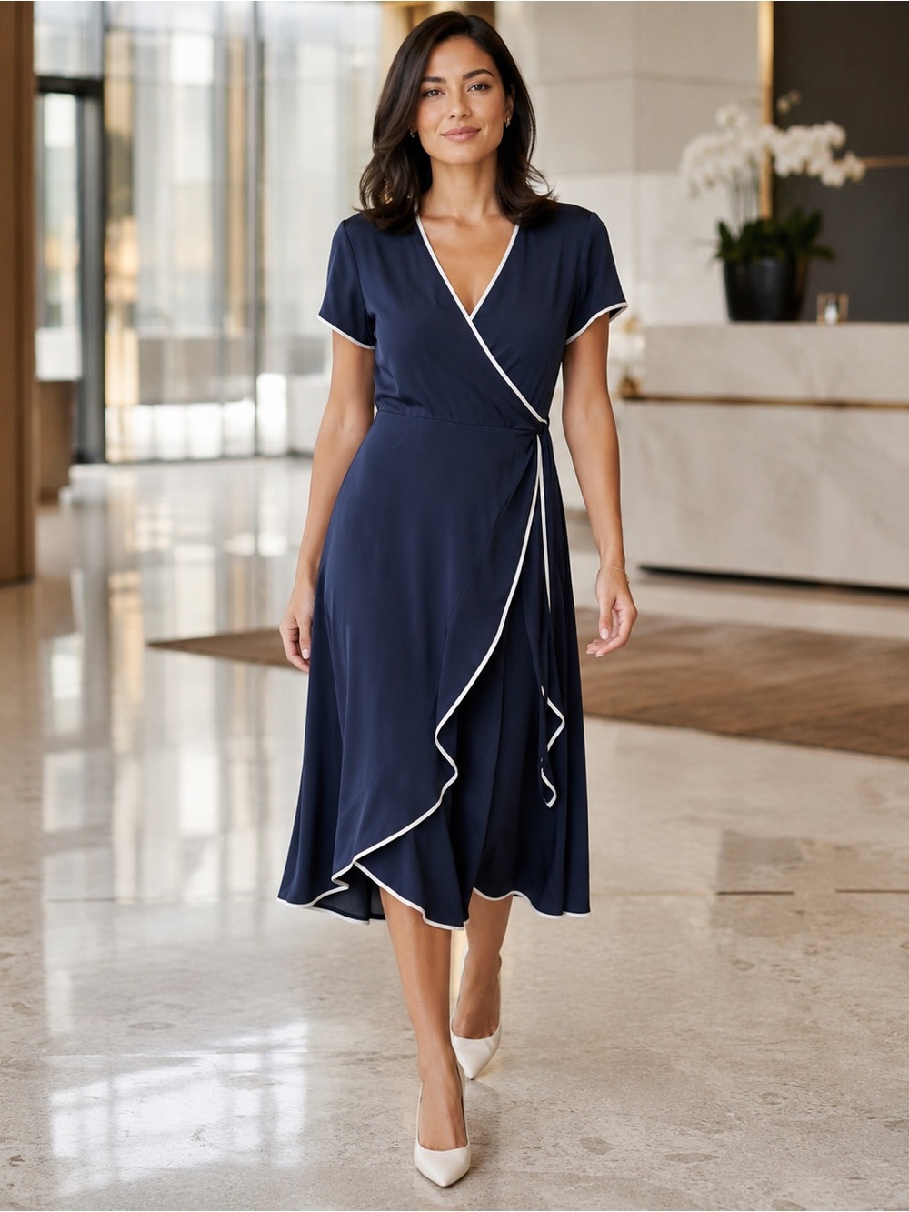 Calvin Klein Navy White Trim Faux Wrap Midi Dress Size 12 Career Party